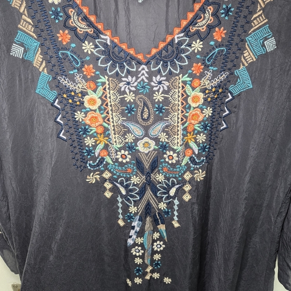 Johnny Was Grey Embroidered Tunic Blouse Sheer Gypsy Bohemian Hippie Size L - Picture 6 of 14